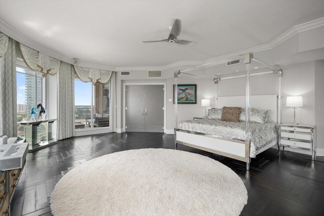 bedroom with access to exterior, ceiling fan, crown molding, and dark parquet floors