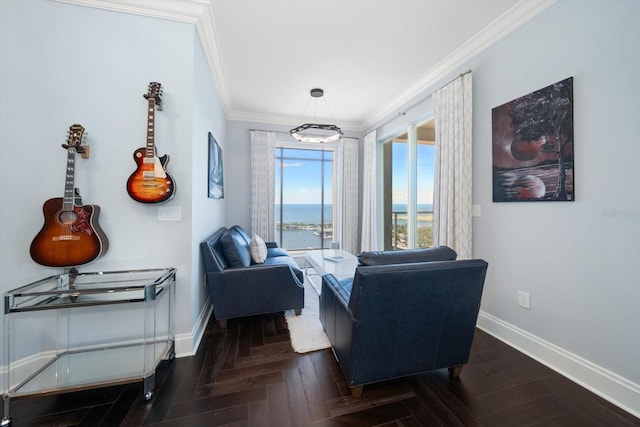 sitting room with dark parquet floors and crown molding