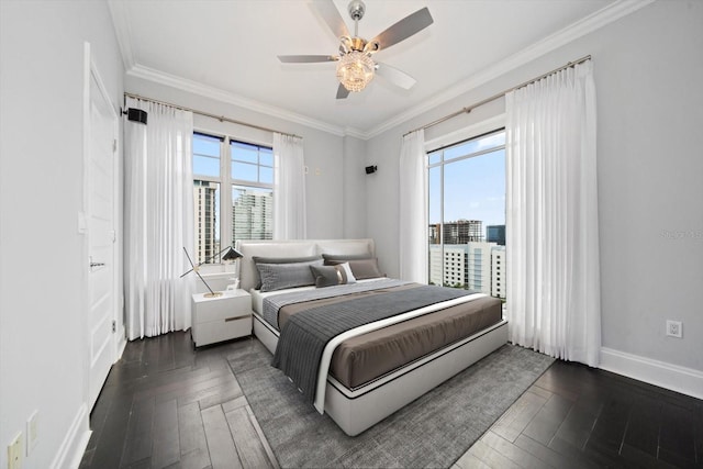 bedroom with ceiling fan, ornamental molding, and dark parquet floors