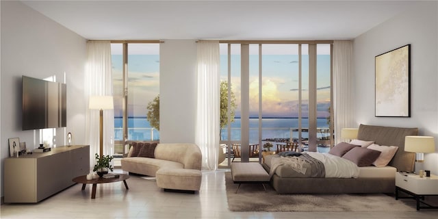 bedroom with access to exterior, a water view, and a wall of windows