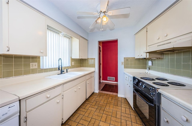 kitchen with white cabinets, white range with electric stovetop, sink, tasteful backsplash, and ceiling fan