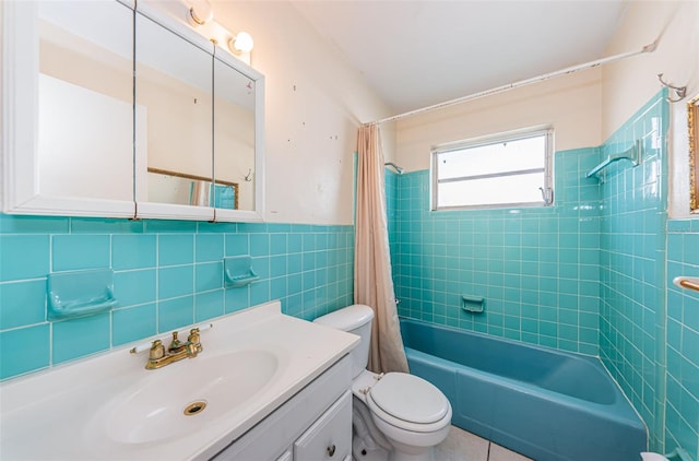 full bathroom with shower / bath combo with shower curtain, oversized vanity, tile walls, backsplash, and toilet