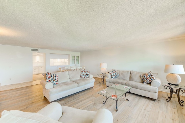 living room featuring wood-type flooring and a textured ceiling