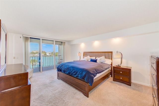 carpeted bedroom with expansive windows and access to exterior