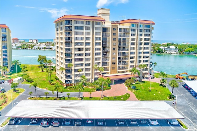 view of building exterior featuring a water view