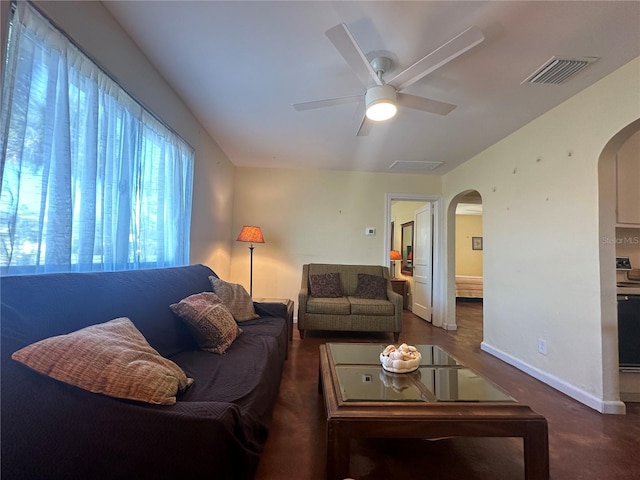 living room featuring ceiling fan