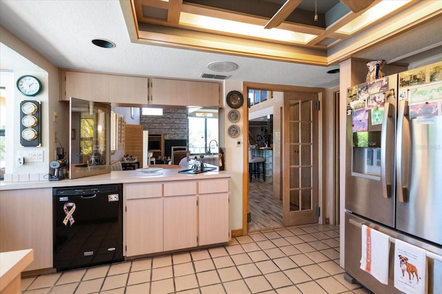 kitchen featuring stainless steel fridge, coffered ceiling, a textured ceiling, light tile patterned floors, and dishwasher