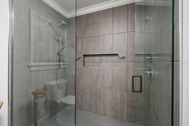 full bath featuring a stall shower and ornamental molding