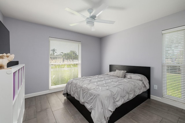 bedroom featuring ceiling fan and baseboards