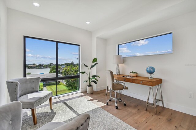 office area featuring light hardwood / wood-style floors and a water view