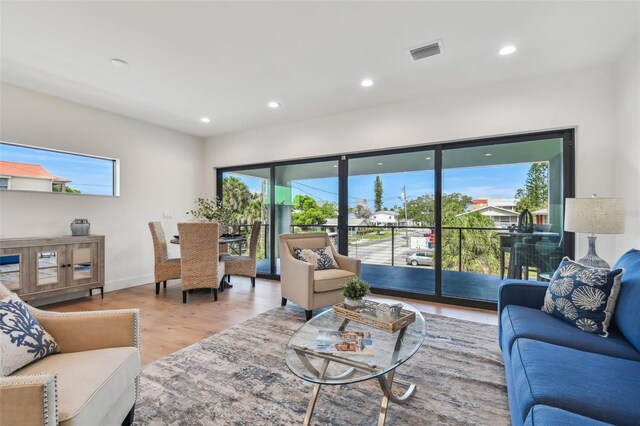 living room featuring plenty of natural light and light wood-type flooring