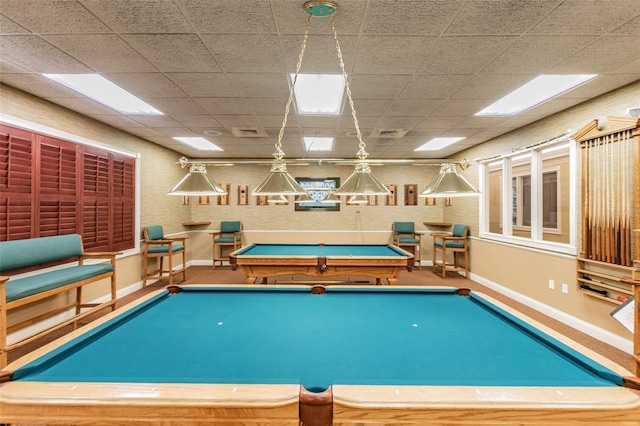 rec room with a paneled ceiling and billiards