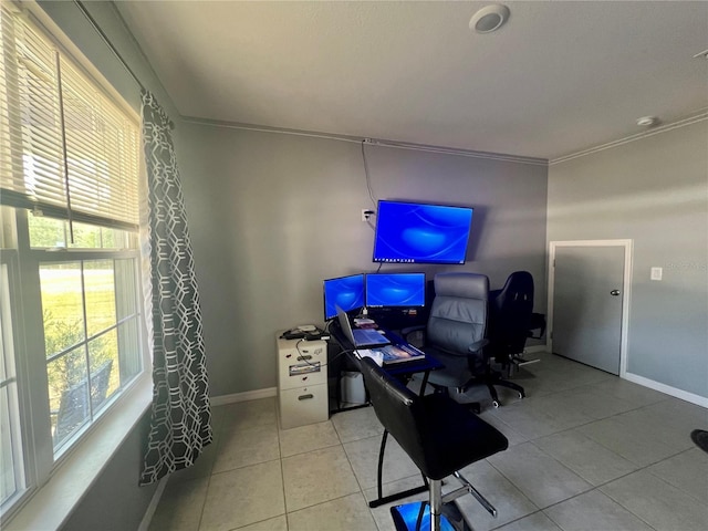 tiled home office with ornamental molding