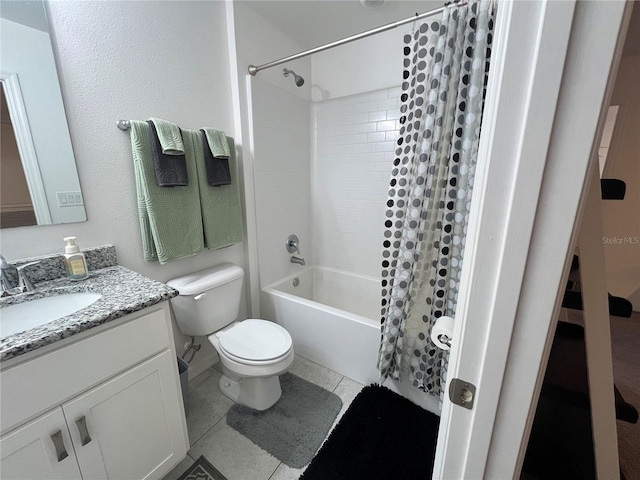 full bathroom with tile patterned flooring, shower / bath combination with curtain, toilet, and vanity