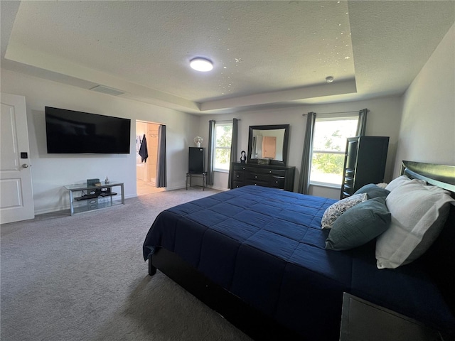 carpeted bedroom with a textured ceiling and a raised ceiling