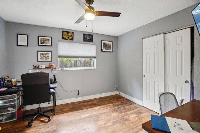 office area with ceiling fan and light hardwood / wood-style floors