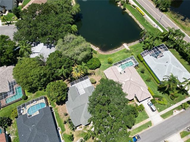 birds eye view of property featuring a water view