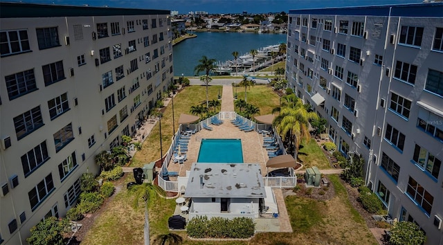 aerial view featuring a water view