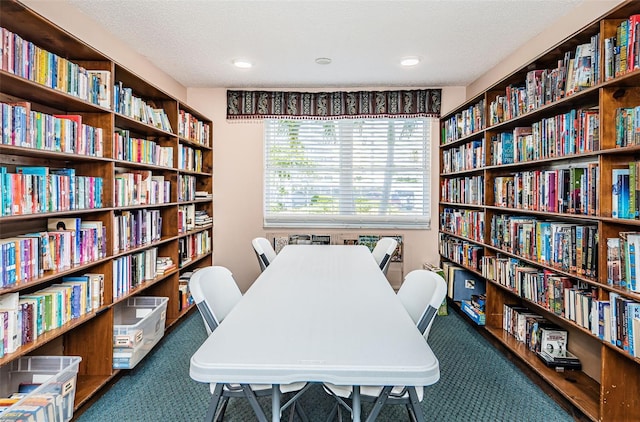 office with dark carpet and a textured ceiling