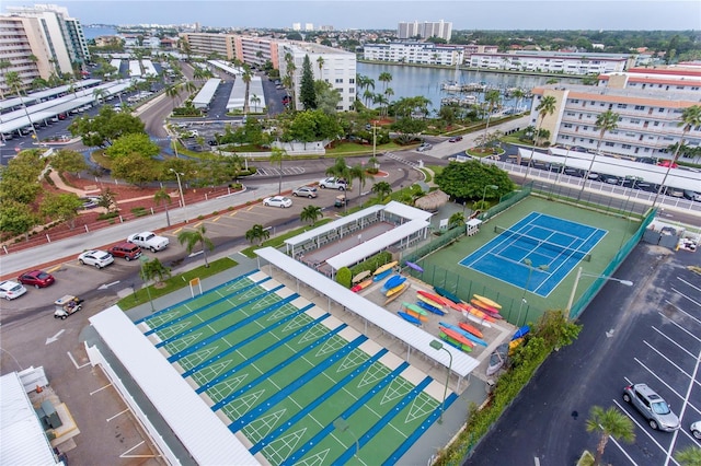 bird's eye view with a water view