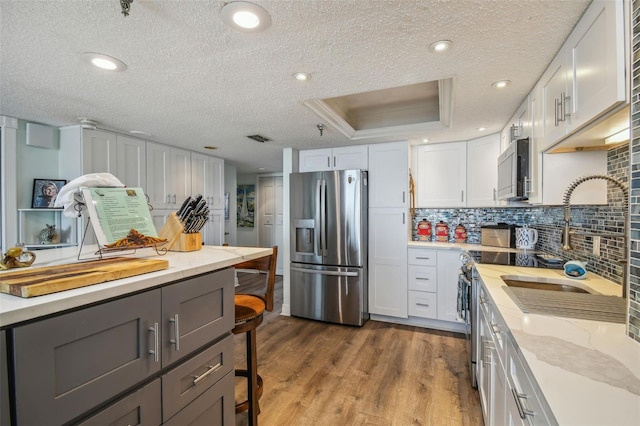 kitchen with a tray ceiling, white cabinets, stainless steel appliances, and hardwood / wood-style flooring