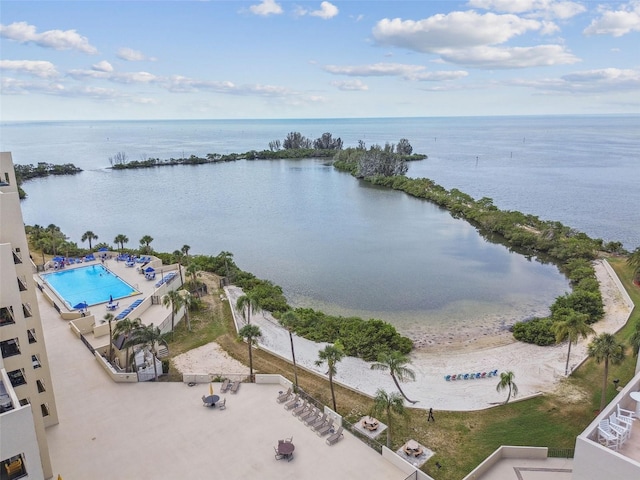 birds eye view of property featuring a water view