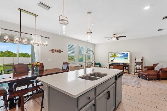 kitchen featuring decorative light fixtures, a healthy amount of sunlight, and sink