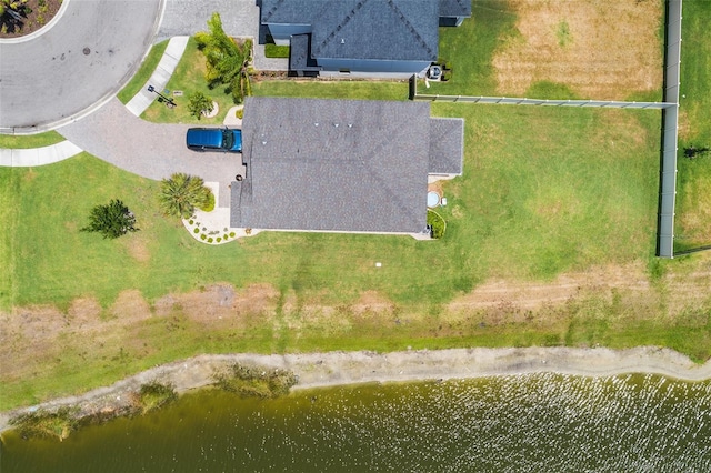 drone / aerial view featuring a water view