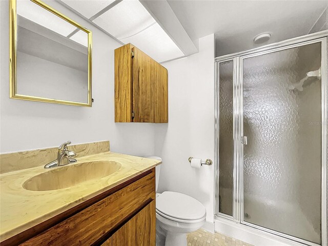 bathroom with vanity, toilet, and a shower with shower door