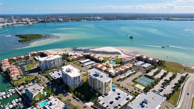 aerial view featuring a water view and a view of the beach