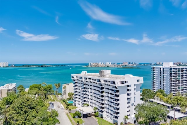 drone / aerial view with a water view