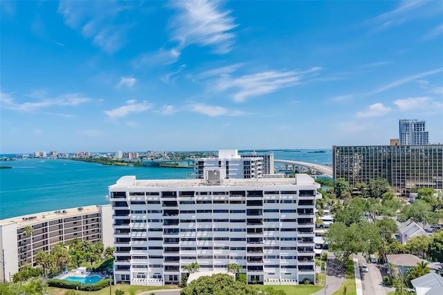 drone / aerial view with a water view