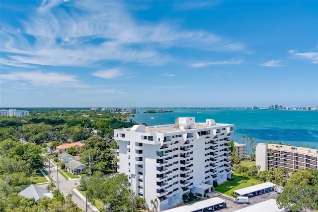 drone / aerial view featuring a water view