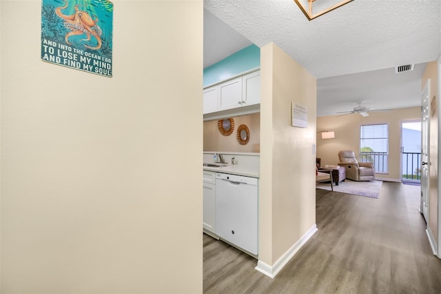 hall with light hardwood / wood-style floors, sink, and a textured ceiling