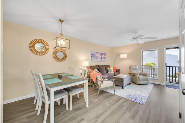 dining room with hardwood / wood-style floors and ceiling fan with notable chandelier