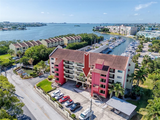 drone / aerial view with a water view