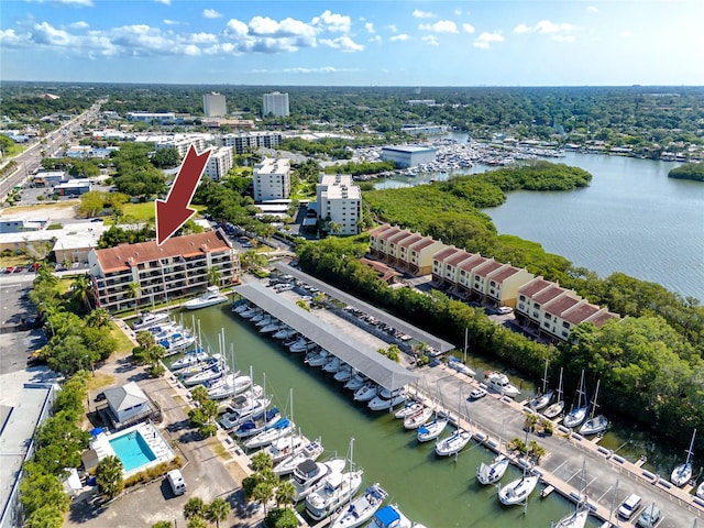 drone / aerial view with a water view