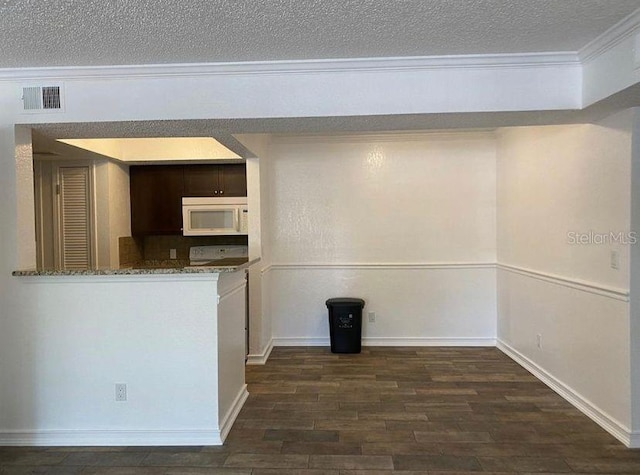 kitchen with dark hardwood / wood-style floors, light stone countertops, ornamental molding, a textured ceiling, and kitchen peninsula