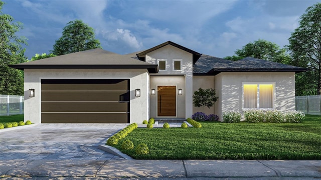 view of front of home with a front yard and a garage