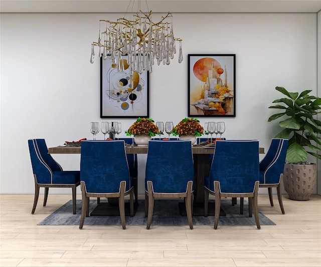 dining area featuring light hardwood / wood-style floors and an inviting chandelier