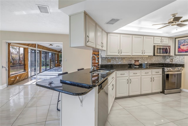 kitchen featuring white cabinets, appliances with stainless steel finishes, sink, a raised ceiling, and ceiling fan