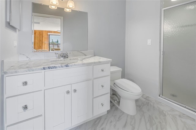 bathroom with walk in shower, vanity, toilet, and wood walls