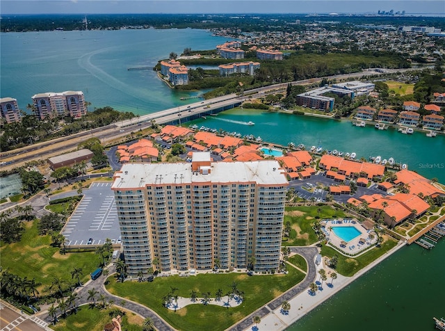 drone / aerial view with a water view