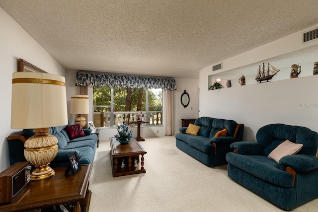 living room with a textured ceiling and carpet