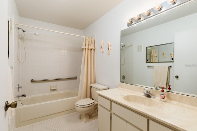 full bathroom with shower / bath combo with shower curtain, toilet, tile patterned flooring, and vanity