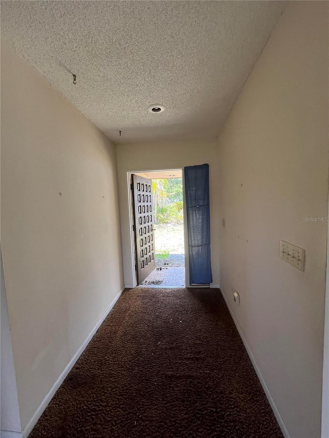 interior space featuring a textured ceiling and carpet floors