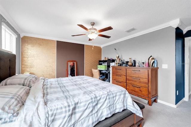 carpeted bedroom featuring ceiling fan and ornamental molding