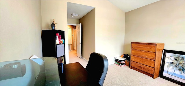 home office featuring light colored carpet