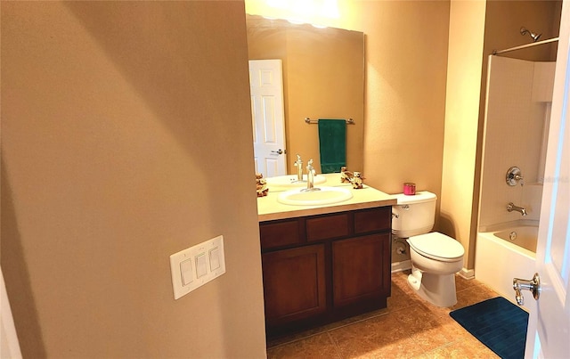 full bathroom featuring vanity, tile patterned floors,  shower combination, and toilet