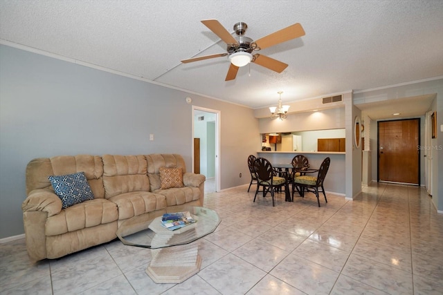 tiled living room featuring ceiling fan with notable chandelier, crown molding, and a textured ceiling